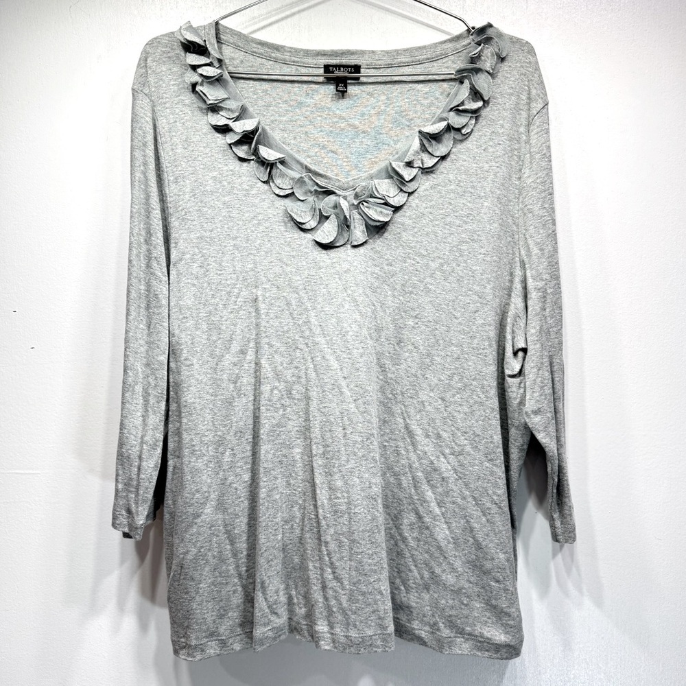 Talbots Light Gray Ruffle V-Neck Long Sleeve Top